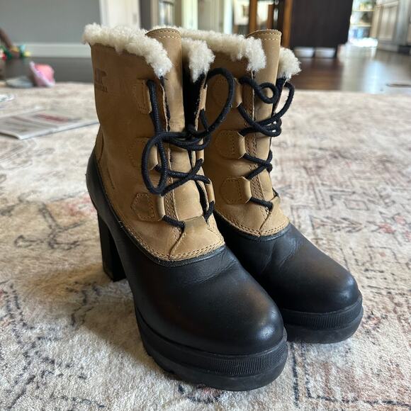 Sorel Dacie Lace Up Brown & Black Heeled Boots SZ 8 Leather Waterproof Women EUC - Picture 2 of 7